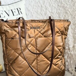 MZ Wallace Quilted Tote in Bronze Brown with Dark Brown Straps